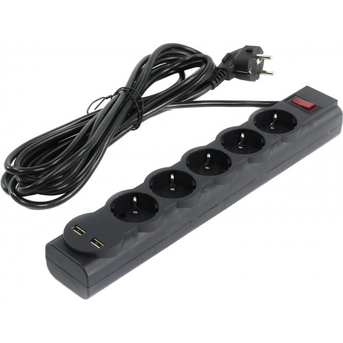 Фильтр сетевой Defender DFS 755 Black (5-розеток/2xUSB/5m) (99755)