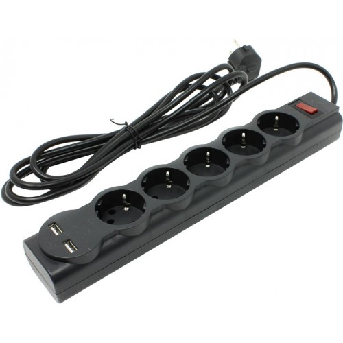 Фильтр сетевой Defender DFS 753 Black (5-розеток/2xUSB/3m) (99753)