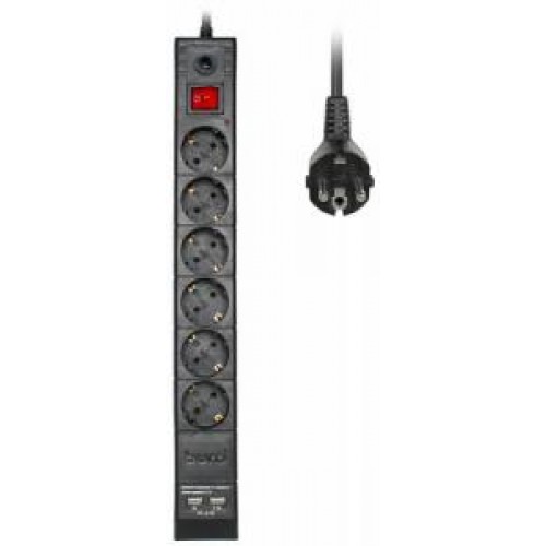 Фильтр сетевой BURO BU-SP5_USB_2A-B 5м (6 розеток) черный