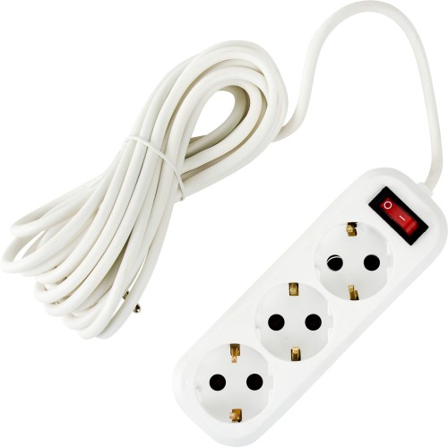 Удлинитель с заземлением для маломощной техники, 3 розетки, 2200 Вт, 5 м, выключатель, цвет белый