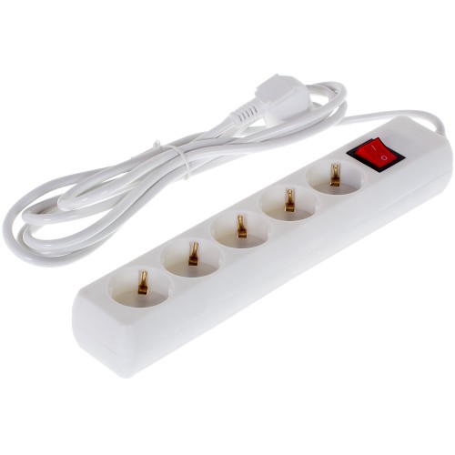 Удлинитель с заземлением, 5 розеток, 3 м, 3500 Вт, выключатель, цвет белый