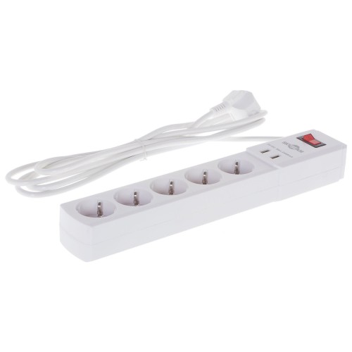 Удлинитель с заземлением, 5 розеток, 3 м, 3500 Вт, выключатель, цвет белый