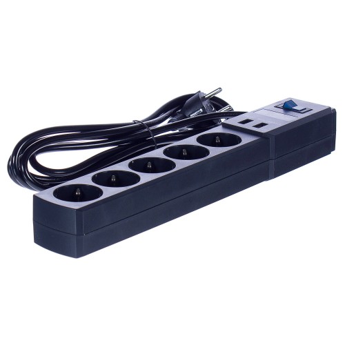 Удлинитель с заземлением, 5 розеток, 3 м, 3500 Вт, выключатель, цвет чёрный