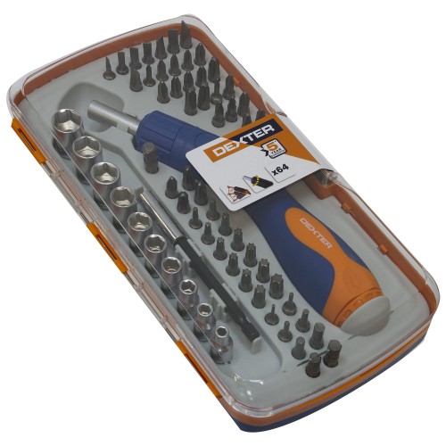Отвёртка с набором бит и головок Dexter 64 предмета