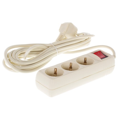 Удлинитель с заземлением, 3 розетки, 5 м, 3500 Вт, выключатель, цвет бежевый