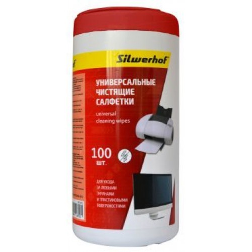 Салфетки Silwerhof 671215 для пластиковых поверхностей и офисной мебели туба 100шт влажных