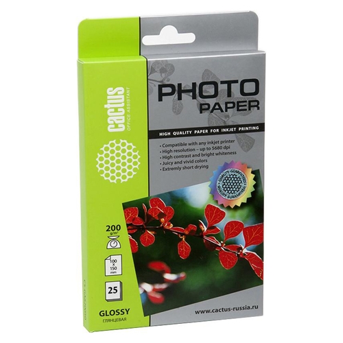 Фотобумага Cactus CS-GA620025 10x15/200г/м2/25л./белый глянцевое для струйной печати