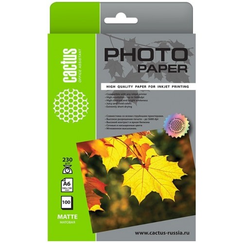 Фотобумага Cactus CS-MA6230100 10x15/230г/м2/100л./белый матовое для струйной печати