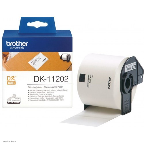 Картридж Brother DK11202: для печати наклеек черным на белом фоне, 62 мм х 100 м, 300 эт в рул