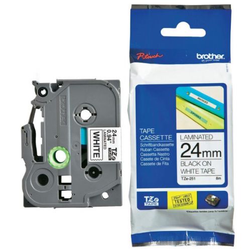 Картридж Brother TZe251: для печати наклеек черным на белом фоне, ширина: 24 мм. Длина: 8 м.