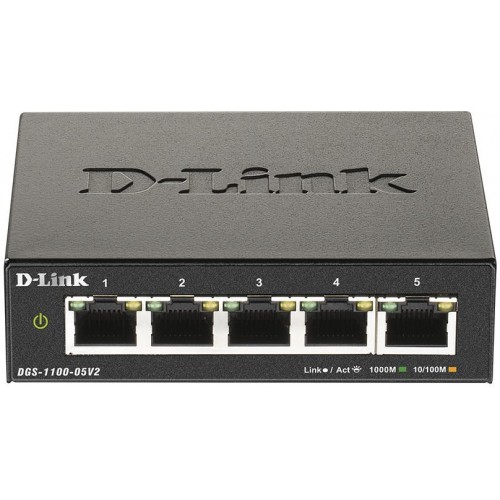 Коммутатор D-Link DGS-1100-05V2/A1A, L2 Smart Switch with 5 10/100/1000Base-T ports2K Mac address, 802.3x Flow Control,32 802.1Q VLAN, VID range 1-4094, Jumbo  9216 bytes, IGMP Snooping, Loopback Detection, Cab