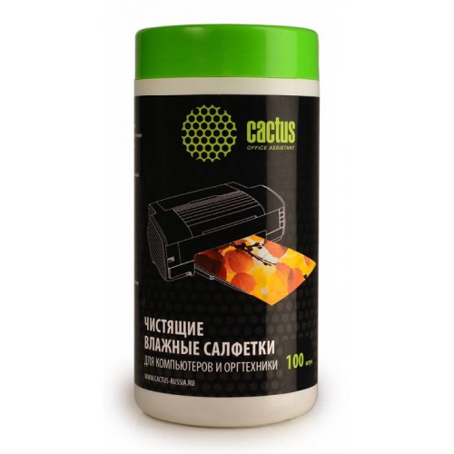 Чистящие салфетки Cactus CS-T1002 для компьютеров и оргтехники, туба (100шт)
