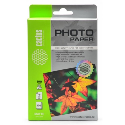 Фотобумага Cactus CS-MA6190100 10x15/190г/м2/100л./белый матовое для струйной печати