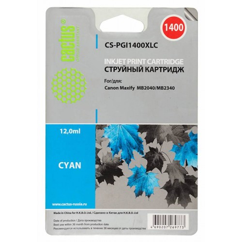 Картридж-чернильница PGI-1400XLC (Cactus CS-PGI1400XLC) для Canon MB2050/MB2350/MB2040/MB2340, синий